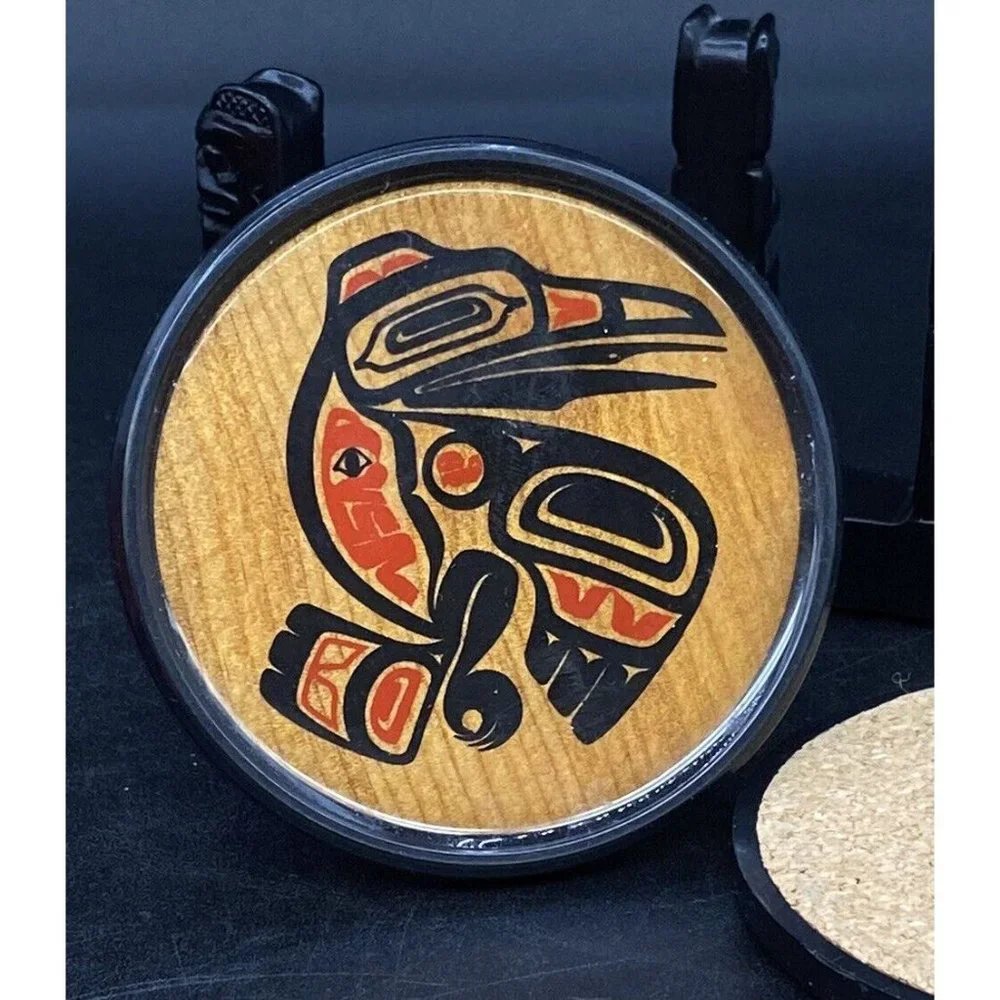 BOMA Coasters Lot 4 With Totem Holder Red Cedar Made In Canada First Nation